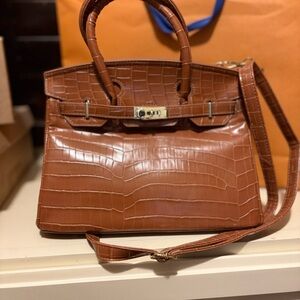 Elegant Brown Crocodile-Embossed Handbag